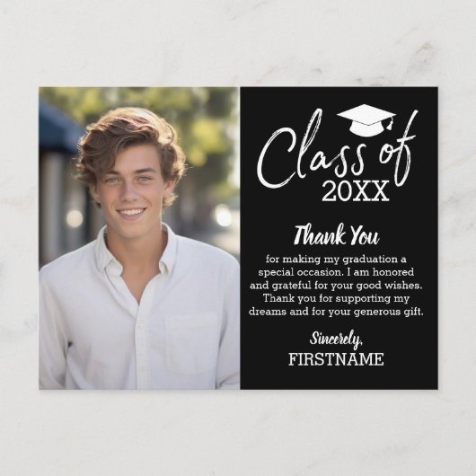 写真付き卒業式感謝カード - ブラック ポストカード (正面)