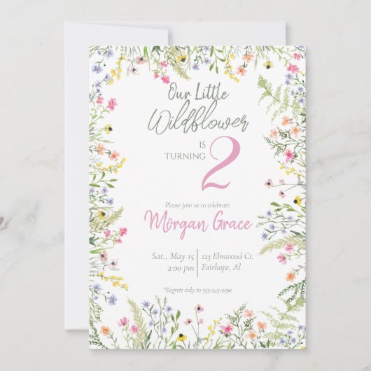 写真付き小さな野花誕生日パーティー 招待状 (正面)