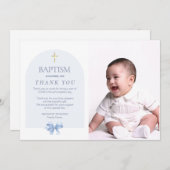写真付き少年のための青いバプテスマサンキューカード 招待状 (正面/裏面)