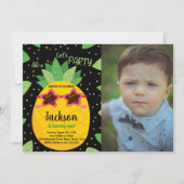 写真付き最初のブラックオレンジ色のパイナップル誕生日 招待状 (正面)