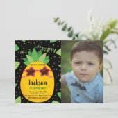 写真付き最初のブラックオレンジ色のパイナップル誕生日 招待状 (スタンド正面)