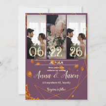 写真付き秋の結婚式招待状 | プラム、コッパー
