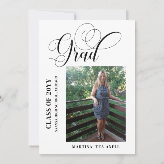写真付き筆記体卒業発表テンプレート 招待状 (正面)