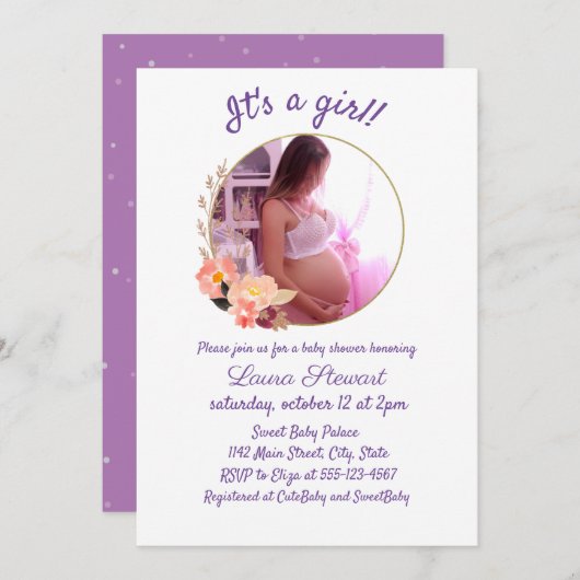 写真付き繊細なベビーシャワー招待状 招待状 (正面/裏面)