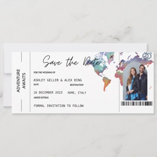 写真付き航空券のSave The Date 招待状 (正面)
