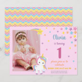 写真付き虹色ピンクユニコーンの招待状 招待状 (正面/裏面)