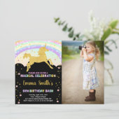 写真付き虹色ブラックユニコーンバースデー招待状 招待状 (スタンド正面)