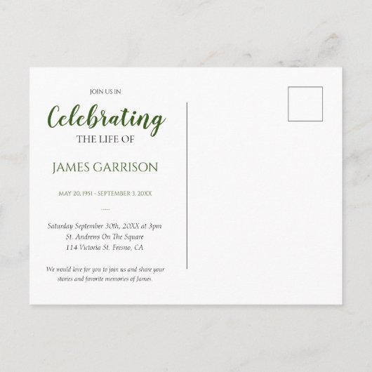 写真付き追悼カードでのグリーンライフのお祝い ポストカード (裏面)