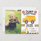 写真付き黄色のトラック建築誕生日をダンプ 招待状 (正面)