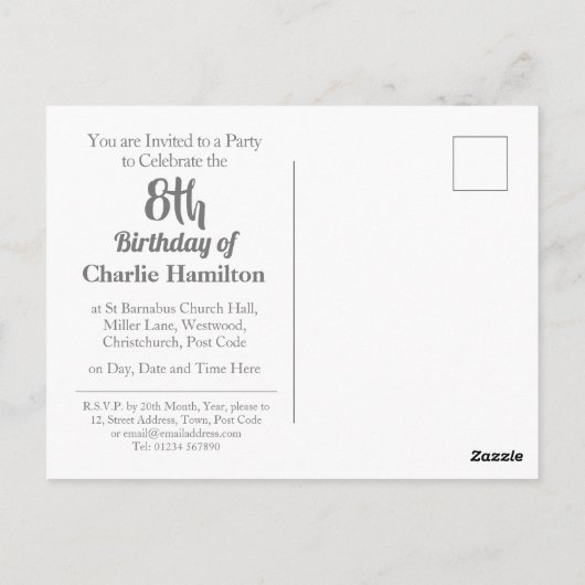 写真付き８歳誕生日パーティー招待状 ポストカード (裏面)