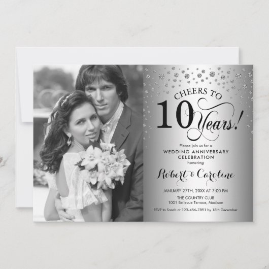 写真付き10周年結婚記念日 - シルバー 招待状 (正面)