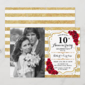 写真付き10周年記念 - ゴールド ホワイト レッド 招待状 (正面/裏面)