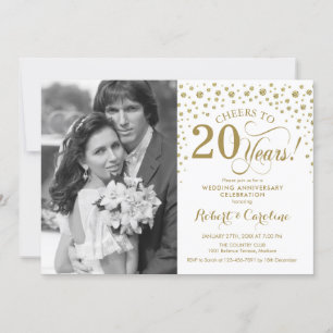 写真付き20周年結婚記念日 - ゴールドホワイト 招待状
