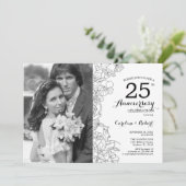 写真付き25周年記念 - 白黒花模様 招待状 (スタンド正面)