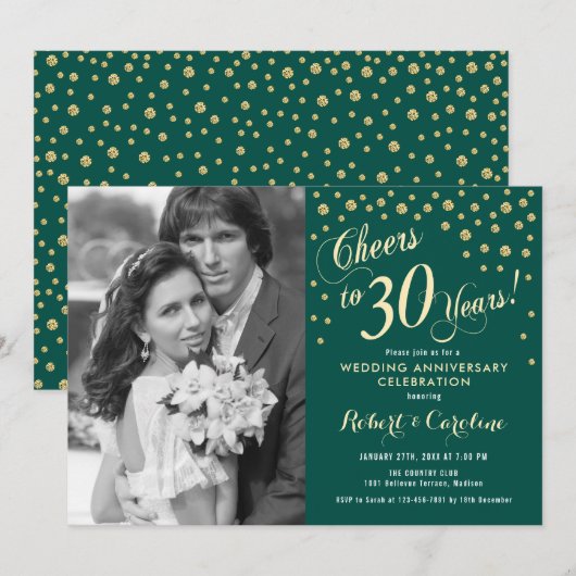 写真付き30周年記念 - ゴールドエメラルドグリーン 招待状 (正面/裏面)