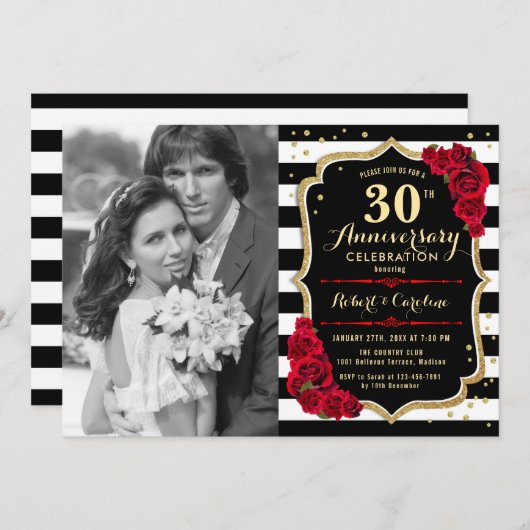 写真付き30周年記念 - ゴールド ブラック レッド 招待状 (正面/裏面)