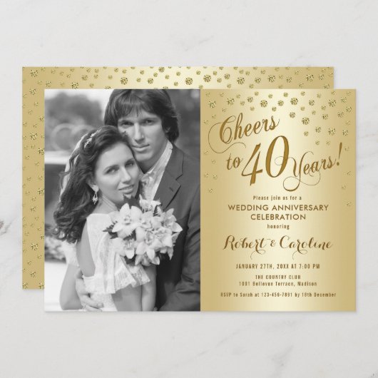 写真付き40周年記念 - ゴールド 招待状 (正面/裏面)
