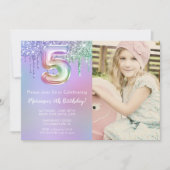 写真付き5歳の誕生日パーティー 紫色のピンクのラメ 招待状 (正面)
