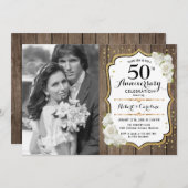写真付き50周年記念 - ウッド ゴールド ホワイト 招待状 (正面/裏面)