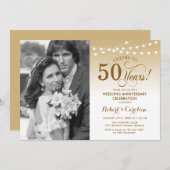 写真付き50周年記念 - ゴールド ホワイト 招待状 (正面/裏面)