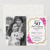 写真付き50周年記念 - ホワイトゴールドピンク 招待状 (正面/裏面)