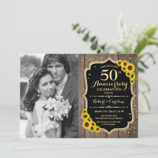 写真付き50周年記念 - ラスティックなひまわり 招待状 (スタンド正面)