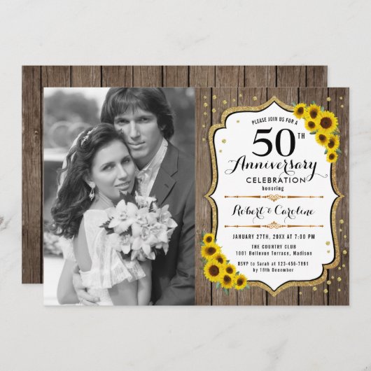 写真付き50周年記念 - 木のひまわり 招待状 (正面/裏面)