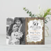 写真付き50周年記念 - 木製 ゴールド ホワイト 招待状 (スタンド正面)