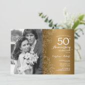 写真付き50周年 - ゴールドホワイト フラワーリング 招待状 (スタンド正面)