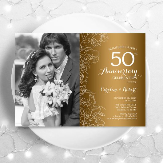 写真付き50周年 - ゴールドホワイト フラワーリング 招待状