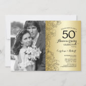 写真付き50周年 - ゴールド フローラル 招待状 (正面)