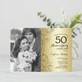 写真付き50周年 - ゴールド フローラル 招待状 (スタンド正面)