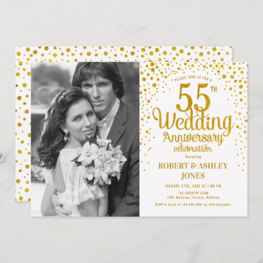 写真付き55周年記念 - ホワイトゴールド 招待状 (正面/裏面)