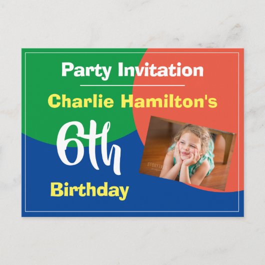写真付き6歳誕生日パーティー招待状 ポストカード (正面)