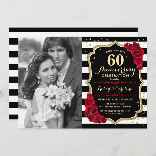写真付き60周年記念 – 金ゴールドブラック赤 招待状 (正面/裏面)