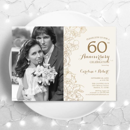 写真付き60周年 - アイボリー ゴールド フラワーズ 招待状