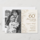 写真付き60周年 - アイボリー ゴールド フラワーズ 招待状 (正面)