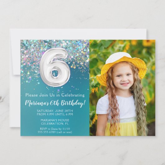 写真付き ティールシルバーグリッター 誕生日お祝い 6歳 招待状 (正面)