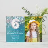 写真付き ティールシルバーグリッター 誕生日お祝い 6歳 招待状 (スタンド正面)