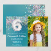 写真付き ティールシルバーグリッター 誕生日お祝い 6歳 招待状 (正面/裏面)