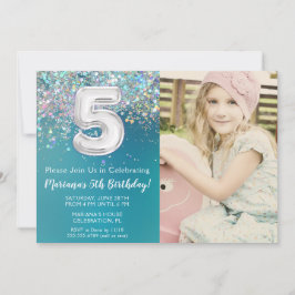 写真付き ティールシルバーグリッター 5歳の誕生日 招待状
