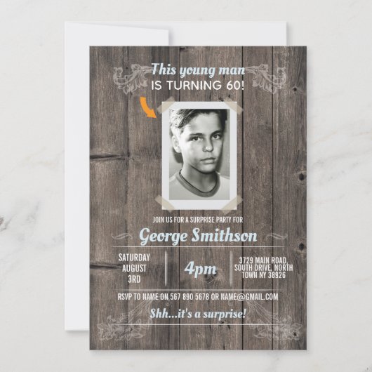 写真付き バースデー ヴィンテージ 青 サプライズ 誕生日 招待状 (正面)