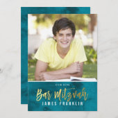 写真付き バー ミツバ祭 ティールブルーの水彩 ゴールドタイプ 招待状 (正面/裏面)