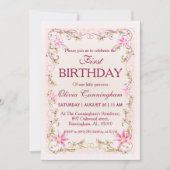 写真付き ピンクのユリの誕生日招待状 招待状 (正面)