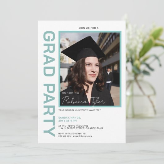 写真付き ブラック & ターコイズ テキスト 卒業パーティー招待状 招待状 (スタンド正面)