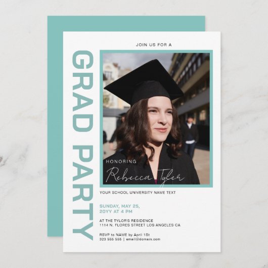 写真付き ブラック & ターコイズ テキスト 卒業パーティー招待状 招待状 (正面/裏面)