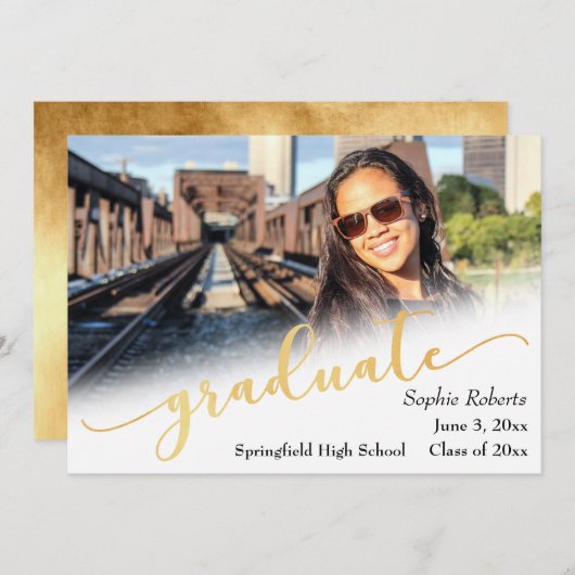 写真付き！卒業おめでとう（箔押し調ゴールド） 案内状 (正面/裏面)