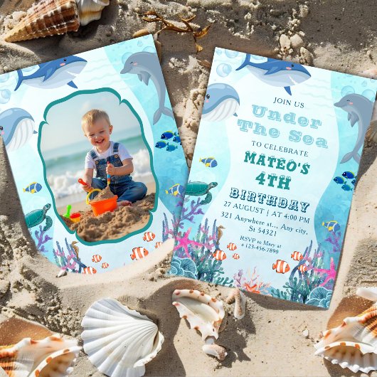 写真付き「海の中」4歳の誕生日 招待状