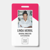写真付き 社員証 企業ロゴ セキュリティ ピンク バッジ (正面)