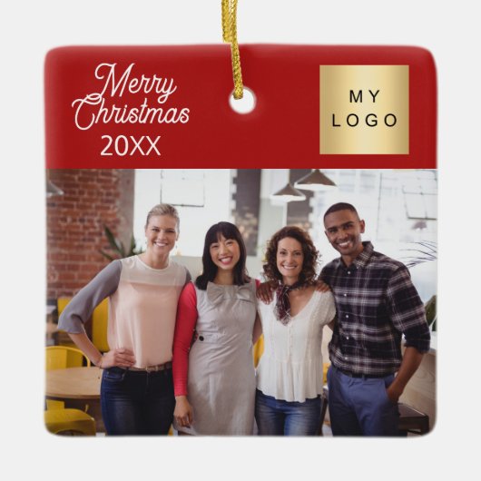 写真企業のロゴのクリスマスモダンレッド セラミックオーナメント (正面)